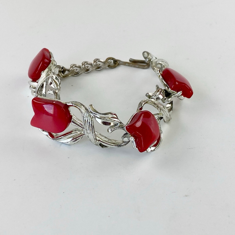 Vintage Red Tulip Thermoset Golden Silver Link Bracelet Signed STAR. - Picture 7 of 7